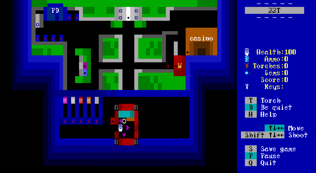 A scene from Hollywood Hooker. The player avatar stands in a modelled car at the bottom of the screen. Its door is open to step out of. Above can be seen a modelled neighborhood featuring such sights as a police department, casino and “WcDonalds.”