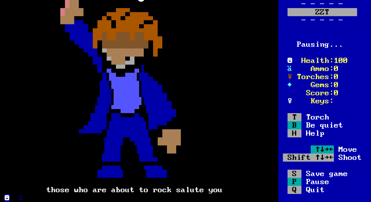 A scene from Freedom. A man with brown hair who is wearing a blue jacket and pants raises his hand in the air. At the bottom of the screen, a message reads, “those who are about to rock salute you”