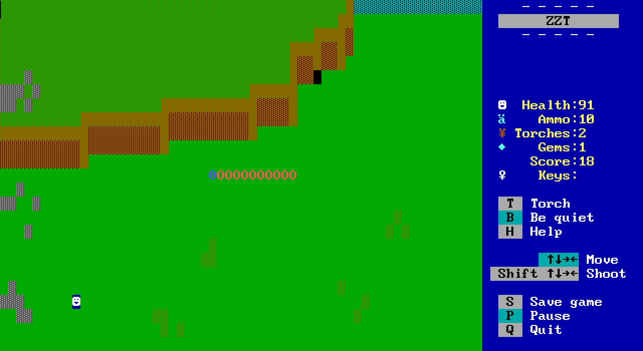 A scene from Quest for the Floating Isle. The player character stands in a green field bordered by elevated land at the top of the screen. A long caterpillar-shaped creature formed of “0”s wanders nearby.